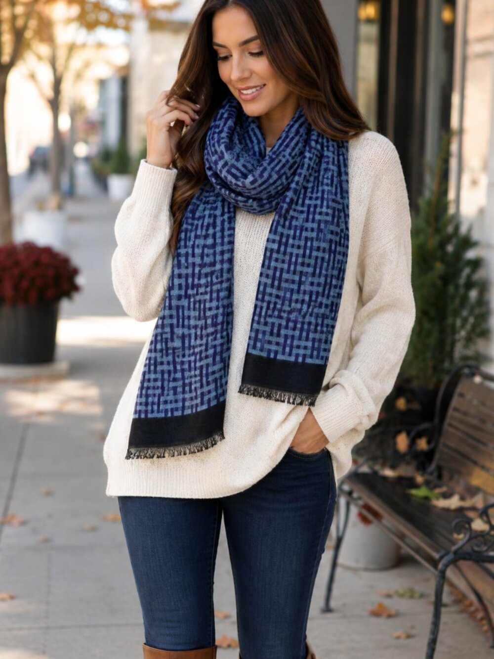 Sakkas Blue Black Geometric Fringe Scarf Shawl Wrap Cashmere Feel